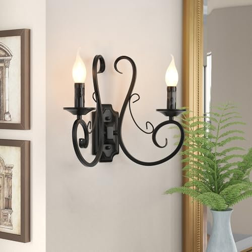 Ganeed Wall Sconces Indoor Retro Metal Vintage French Traditional Lighting Rustic Wall Light for Living Room Bedroom Stairwell Foyer E14 Black 2 Lights (1 Pack)