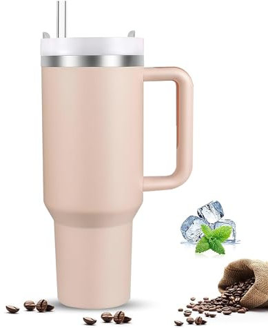 KISUOMAOYI 40 Oz Travel Tumbler with Straw Lid and Handle, Reusable Stainless Steel Water Bottle, Travel Insulated Cup, Leak Proof Vacuum Insulated Bottle, Travel Mug for Hot&Cold Drink-Rose Quartz