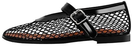 VERISSON Damen Ballerinas Riemchen Flache Schuhe mit Schnalle Fischnetz Ballets Lackoptik Schwarz 36 EU