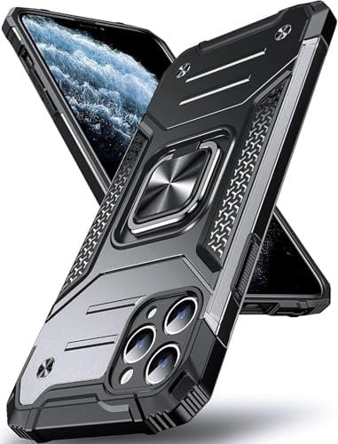 Pritify Armour Case for Iphone 11 Pro Max with Kickstand & Raised Camera Military Grade Protective Phone Back Case Cover Enhanced Metal Ring supports Magnetic Car Mount Holder | Black