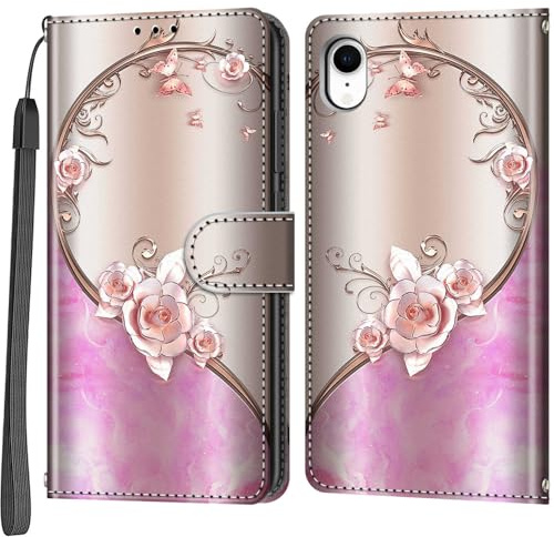 Salanheo Handyhülle für iPhone XR Hülle, Rosa Rose | Magnetische, Stoßfeste Faltbar Klapphülle, Standfunktion, Kartenfächern, Geldbeutel, PU Lederhülle, Handytasche