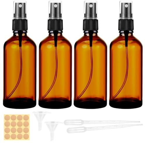 Maxmoc 4 x 100ml sprühflasche Glas,Braunglas | Nachfüllbar Mit Trichter, Tropfer und Etiketten for Wasser, Alkohol, Kosmetik, Zerstäuber, Aromatherapie