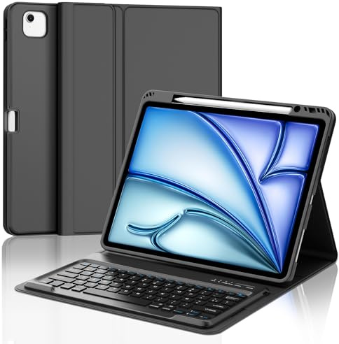 JADEMALL Coque Clavier pour iPad Air 13 Pouces M2/M3/M4 2024/2025/2026, AZERTY Français Clavier Bluetooth Détachable avec Fente pour Stylo pour iPad Air 13 M2/M3/M4 2024/2025/2026, Noir
