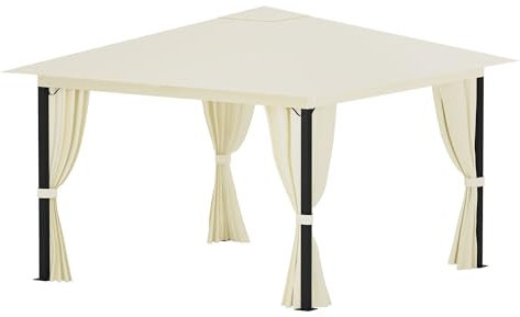 ALEOS. Garten - Pavillon Monza 3x3 Meter, Gartenpavillon 9m² einfacher Aufbau ohne Werkzeug, Klicksystem, Dach 100% WASSERDICHT UV30+, mit 4 Vorhängen, quadratisch, Füße 6x6cm, cremeweiß,