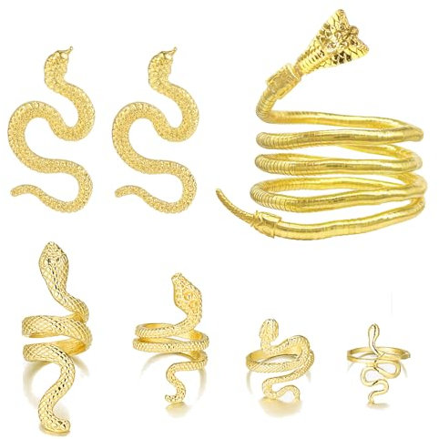 Hifot 6 Stück Schlangen Schmuck Set für Damen Teenager Schlangen Ohrringe Gold Schlangen Halskette Ring Schlangen Accessoires Gothic Medusa Kostüm