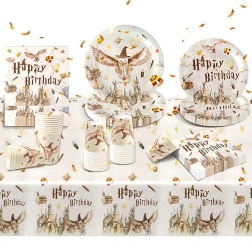 NTGFU Magical Birthday Tableware Set, Wizard Party Decoration with Plates, Cups, Napkins, Tablecloth, Banner for Kids & Adults, Harry Potter Theme, Black & Purple
