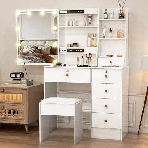 Puselo Schminktisch mit Beleuchtung, Spiegel & Hocker – Kosmetiktisch mit 6 Schubladen & 6 Ablagen, Moderner Frisiertisch für Schlafzimmer 80x36x130cm PE6A