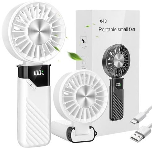 Handventilator, Portable Mini Ventilator Akku Aufladbar, USB Hand Ventilatoren Klein Leise mit 5 Geschwindigkeits Stufen, Tragbarer Taschenventilator Kleiner Faltbarer Fan für Büro, Outdoor (Weiß)