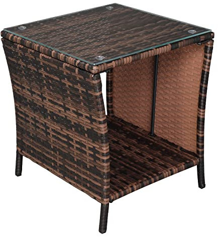 Bonnlo Table d'appoint en Rotin Petite Table avec Surface en Verre Transparent et Cadre en Fer Salon de Jardin intérieur et extérieur pour Balcon Terrasse Brun dégradé 46 x 46 x 49.5 cm