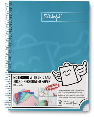 Mr. Wonderful - Cahier A4 Turquoise - 240 pages quadrillées micro-perforées - Couverture extra rigide - Encadrement en spirale - Autocollants inclus