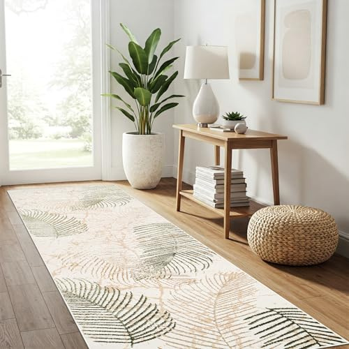TAPISO Crystal Teppichläufer Kurzflor Glänzend Beige Gold Creme Grün Weiß Palmen Exotische Blätter 3D Effekt Abstraktes Muster Wohnzimmer Schlafzimmer Modern Design ÖKO-TEX 80 x 200 cm
