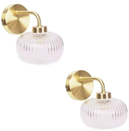 ValueLights | Pair of Gold Wall Light Fitting with Clear Ribbed Lampshades for Living Room Hallway - IP44 Bathroom - LED Bulbs Included