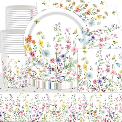 Set de decoración floral para fiestas, 61 accesorios para fiestas con flores silvestres, motivos florales primaverales, accesorios para cumpleaños con mariposas, platos, toallas, tazas, manteles