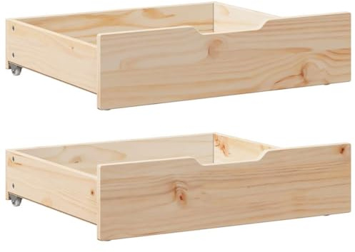 Pine Wood Under Bed Storage Drawers, Set of 2 Rolling Underbed Drawer Organizer, Wooden Sliding Storage Box for Bedroom, Under Bed Draweer for Clothes, Shoes, Bedding (75 x 55 x 16 cm)