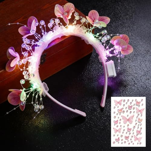 AWSOLAR Blumenkranz Haare LED mit Schmetterling Gesichtsaufkleber,Leuchtende Haarreifen für Karneval, Ball, Geburtstag, Party, Festival Zubehör