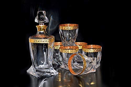 Bohemia - Juego de 6 vasos de whisky y jarra de cristal con adornos dorados