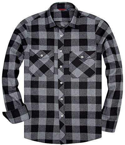 Siliteelon Men's Grey 4XL Cotton Checkered & Plaid Flannel Shirt - Regular Fit, Long Sleeve, Button Down Collar - Casual, Western Style