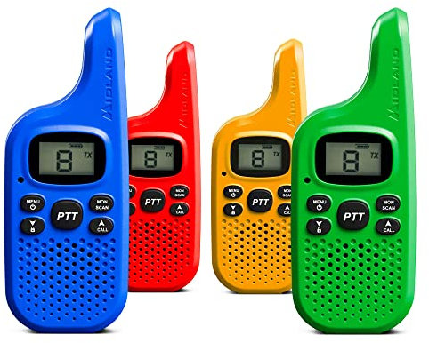 Midland XT5 Radio Ricetrasmittente Walkie Talkie Bambini Senza Licenza C1425.01, 38 Toni CTCSS, Trasmissione Half-Duplex, Raggio 4km, Colori Blu, Giallo, Rosso, Verde, 4 Ricetrasmettitori