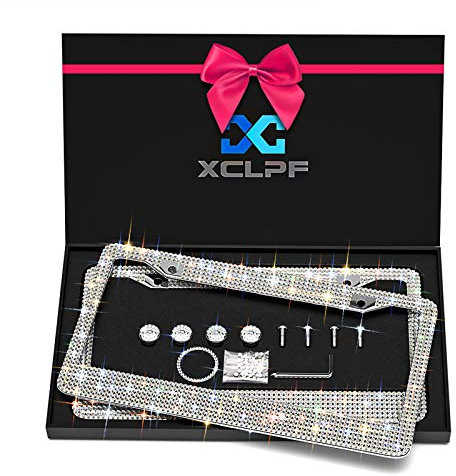 Bling Kennzeichenrahmen für Frauen, funkelnder Edelstahl-Kennzeichenrahmen | über 1000 Stück 14 Facetten verzierte klare Glasdiamanten mit gratis Glitzer weißen Diamanten + Geschenkbox (2 Stück)