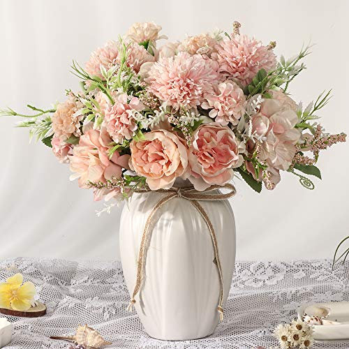 JARELING, Bouquet di peonie (fiori di hydrangea) artificiali con vaso, in seta, adatto come decorazione per casa, tavola, sala da pranzo (rosa)