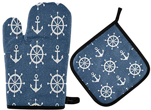 Mnsruu Maritime Anker Schiffsrad Vintage Ofenhandschuh und Topflappen Set Hitzebeständig Küchenhandschuh zum Kochen, Backen, Grillen, Grillen