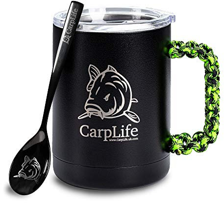 CarpLife Thermal Mug with Lid and Spoon - Stainless Steel, Neon & Black Handle