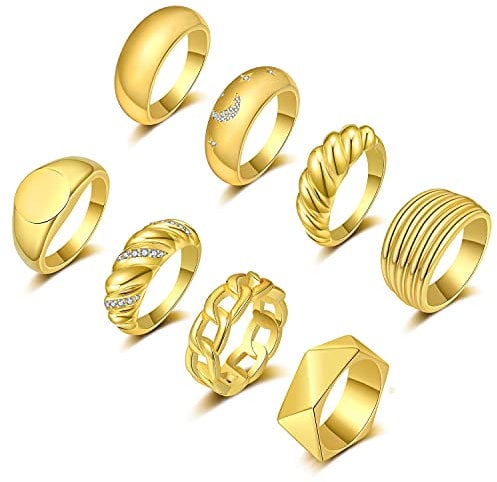 FUNEIA 8 klobige Goldringe für Damen, 18 Karat vergoldet, Zirkonia, Croissant, Mond, Stern, dicke Kuppel, Siegelringe, Set, geflochtene, gedrehte, stapelbare Statement-Ringe, Größe 5–9,