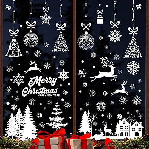 FullJoyHut Weißer Fensterbilder Weihnachten Aufkleber Schneeflocken Tannenbaum Rentier Sticker Deko Fenstersticker Fensterdeko Weihnachten PVC Weihnachtsdeko Weihnachts für Fenster Türen Vitrine