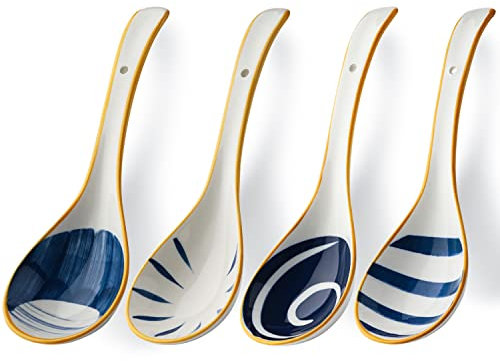 Set di 4 cucchiai da minestra asiatica grandi da 21,8 cm in ceramica giapponese per zuppa di riso e porridge (set completo cucchiaio da zuppa)