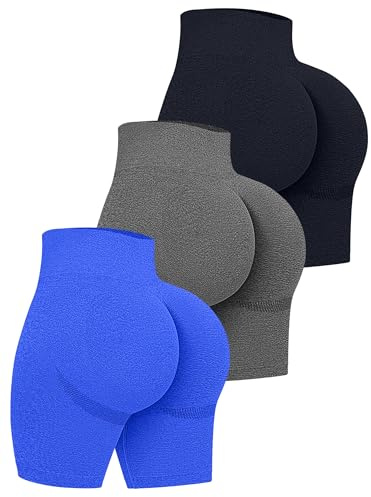 OQQ Damen 3-teilige Workout-Shorts mit hoher Taille, Po-Lifting, Bauchkontrolle, gerüscht, lächelnd, Yoga, Kurze Hose, Schwarz Grau Blau, Mittel