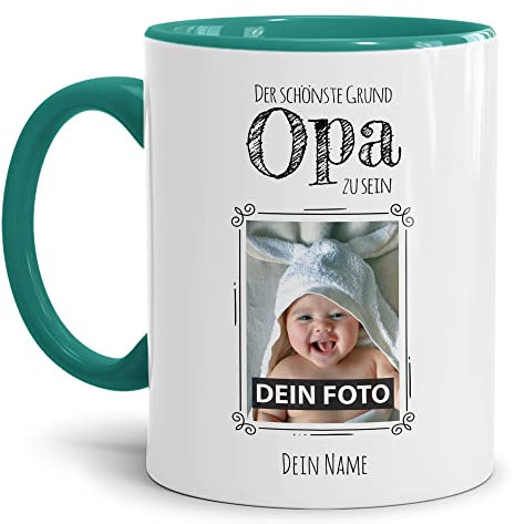Tasse mit Spruch - Der schönste Grund Opa zu sein - Personalisierbare Keramiktasse mit Namen und Foto - Geschenk Opa - Innen & Henkel Türkis, 300 ml