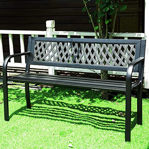 BeTlreo Gartenbank, Outdoor-Metallbank Gusseisen-Stahl-Rahmenstuhl mit Rückenlehne for Patio-Park-Patio-Frontporchationspfad-Patio-Rasen-Dekor-Deck-Möbel