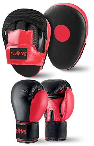 Lions Star Boxing Gloves and Pads Set For Men Women, Pair of Boxing Gloves with Hook and Jabs Mitts Focus Pads, Punching Sets Ideal for Punch Bag MMA Martial Arts (INJECTION - RED, 10oz)