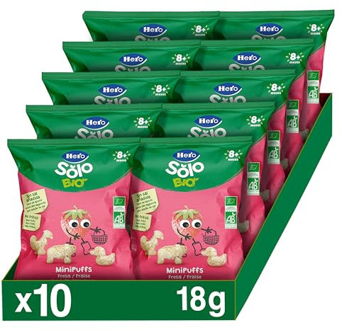 Hero Solo - Snack Minipuff Fraise 100% ECO BIO avec des ingrédients issus de l'agriculture biologique et UE Non Frit Sans Sucre Ajouté Convient aux Bébés à partir de 8 Mois - Paquet de 10 x 18 g