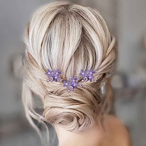Aneneiceera Pearl Bride Wedding Hair Pins Purple Bead Hair Piece Bridal Flower Headpieces bridesmaid Hair Accessories for Women and Girls (Pack of 3)(Purple)