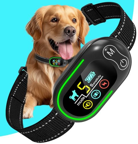 Collier Anti Aboiement Chien Rechargeable, Anti Aboiement Collier Dressage avec 4 Modes Son/Vibration/Choc Electrique, Réglable 5 Niveaux de Sensibilité, Étanche IP67 pour Petit Moyen Grand Chiens