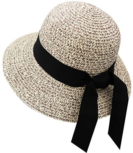 REETEE Sonnenhut Damen UPF 50+ Breiter Krempe Strandhut Sommerhut Damen Strohhut Faltbarer Strandmütze Strohhut (Khaki)