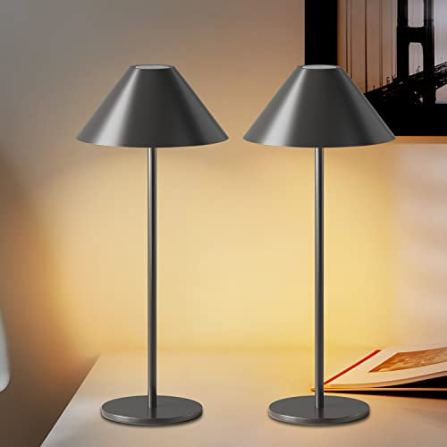 2 Pack Rechargeable Cordless Table Lamp, IP54 Waterproof, Stepless Adjustable 1-100% Brightness, 240LM Dimmable Battery Operated Lamp, 4000mAh Certified Battery, 3000K Portable Lamp (Black)