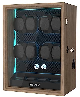 XTELARY Uhrenbeweger für 8 Automatikuhren, Abschließbarer Automatikbeweger mit Extra 6 Uhrenfächern, 4 Rotationsmodi, Leiser Mabuchi Motor und Blaue Hintergrundbeleuchtung,Wood Color