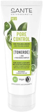 SANTE Naturkosmetik Pore Control 5in1 Peeling & Maske, mit mattierendem Bio-Grüner Tee, BHA & Niacinamid Komplex, vegane Gesichtspflege für Mischhaut, porenverfeinernde Reinigung, 100ml