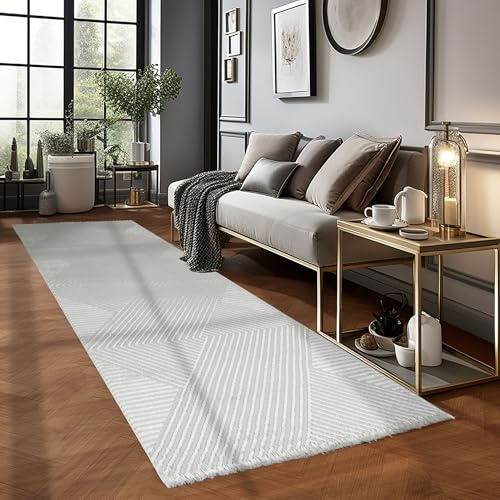 Carpetsale24 Kurzflor Teppich Läufer 80x250 cm Grau Modern Skandinavisch Boho Design Einfarbig 3D Effekt Weich Waschbar Pflegeleicht für Flur Eingang Küche Schlafzimmer