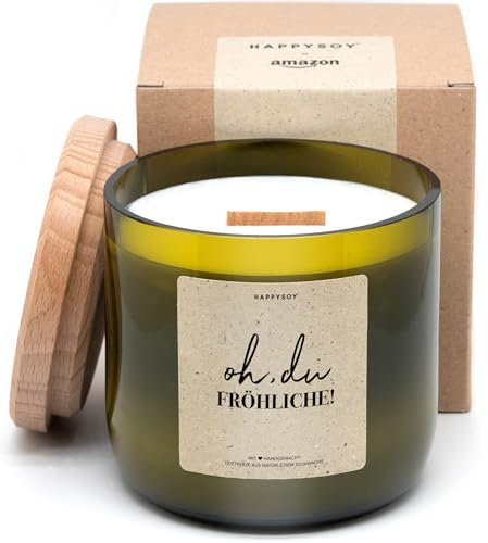Große Duftkerze, 450g Sojawachs in hochwertig recyceltem Weinglas - mit Holzdeckel, Holzdocht - nachhaltiges Geschenk - brennt 90-100 Std - oh du fröhliche