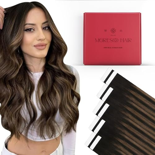 Moresoo Invisible Tape Extensions Echthaar Balayage Braun 40cm Tapes Klebestreifen Extensions Echthaar Dunkelbraun bis Hellbraun mit Dunkelbraun Haarextension Echthaar Tape #2/6/2 10 Stück 25g