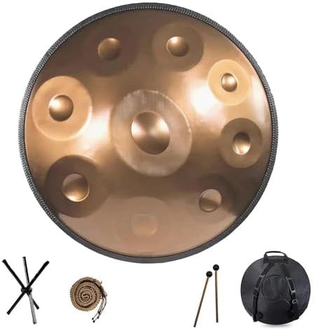 9 Noten D-Moll Stahl-Handpan-Trommel, 22-Zoll-Gold-Handpan-Trommel, 432 Hz harmonisches Schlaginstrument mit Handpan-Tasche und Schlägeln, für Klangheilung, Meditation