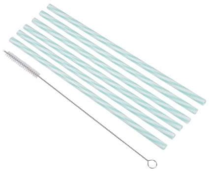 Homéa, Set de 6 Pailles en Plastique Réutilisable Rayures Menthe et Blanc 23 cm + Brosse