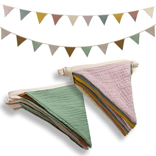 2 Stück Wimpelkette 2.6 Meter, Wimpelgirlande 100% Bio-Baumwolle, Angenehm Weich & Verspielt, Kinderzimmer Babyzimmer Deko zum Aufhängen, Mehrfarbig Dreieck Flaggen für Dekoration Outdoor Indoor