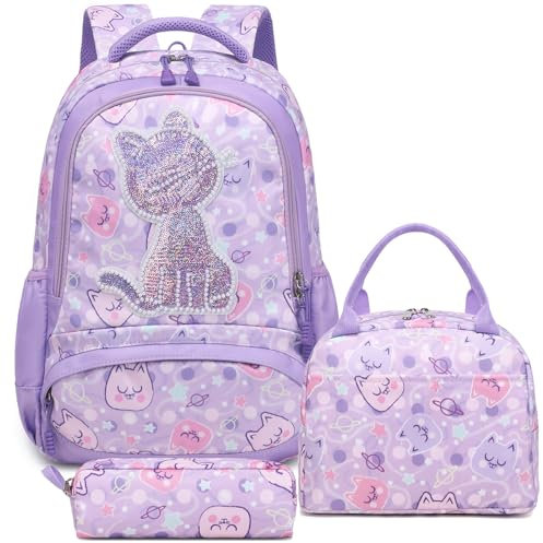 Kinder Rucksack Katzen,Niedlich Grundschule Schulranzen Kinder Mädchen Schultaschen 3 TLG. Mädchen Kinderucksack Sets für Schule,Reisen Wandern