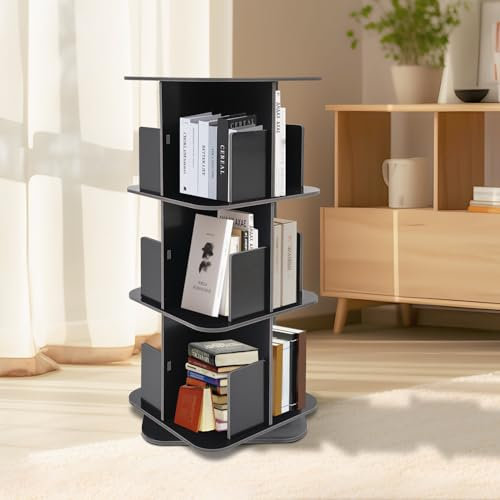 Drehbares Bücherregal 3 Stöckig Bücherregal Drehregal Standregal Buch/CD/DVD Aufbewahrungsregal Organizer Multifunktionales Bücherregal 360° Bücherregal für Kinder und Erwachsene (Schwarz)