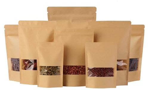 RIGHTPAK 25pcs Reusable Kraft Bags With Window, Multi-layer Construction, Kraft Paper+PET+POLY Material, Self Seal Closure, Brown Color, 11x17cm, Perfect for Food Storage