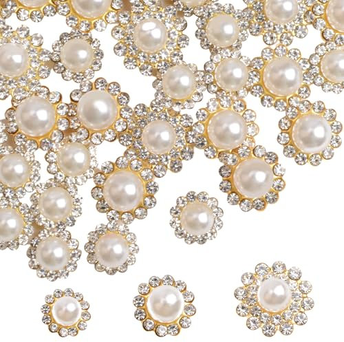 URROMA Bottoni con perle finte, 150 pezzi, bottoni piatti a forma di fiore in cristallo, per fai da te, creazione di gioielli, bouquet da sposa, feste, decorazione della casa, tre misure